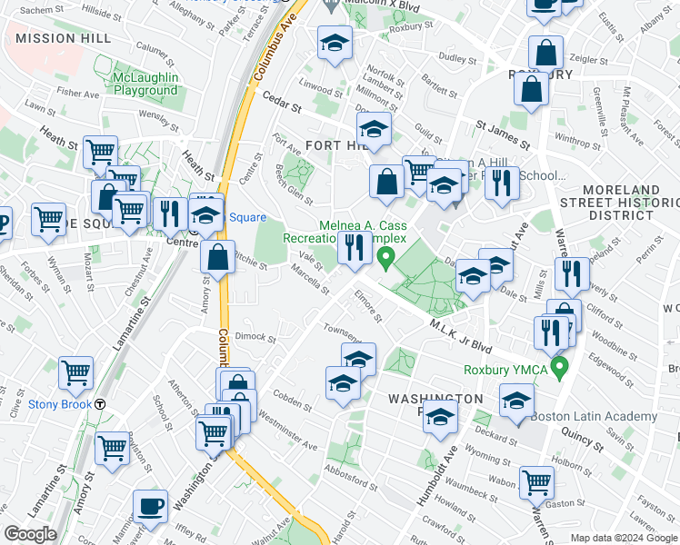 map of restaurants, bars, coffee shops, grocery stores, and more near in Boston