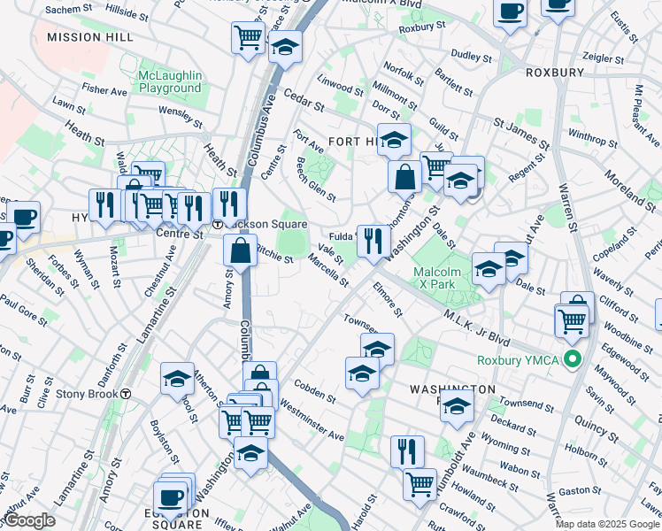 map of restaurants, bars, coffee shops, grocery stores, and more near 12 Marcella Street in Boston