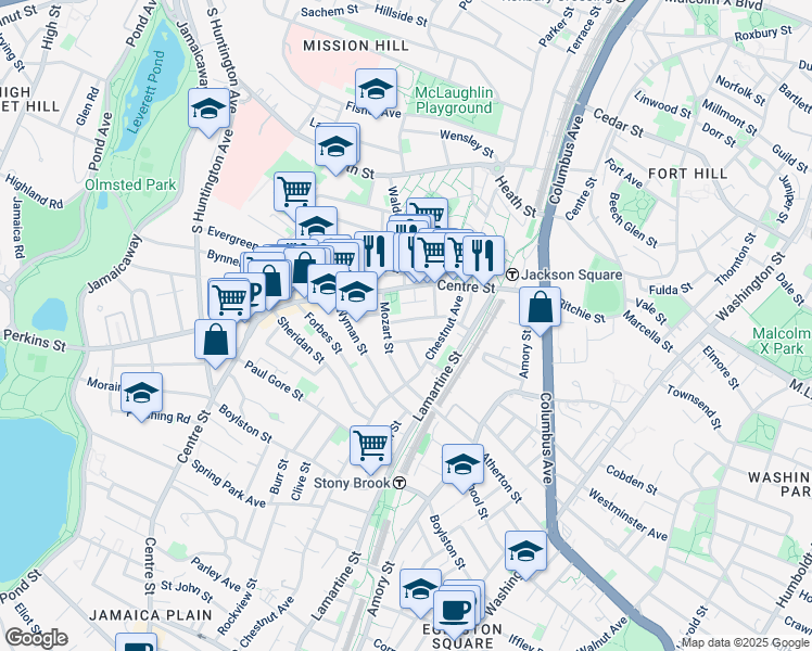 map of restaurants, bars, coffee shops, grocery stores, and more near 54 Mozart Street in Boston