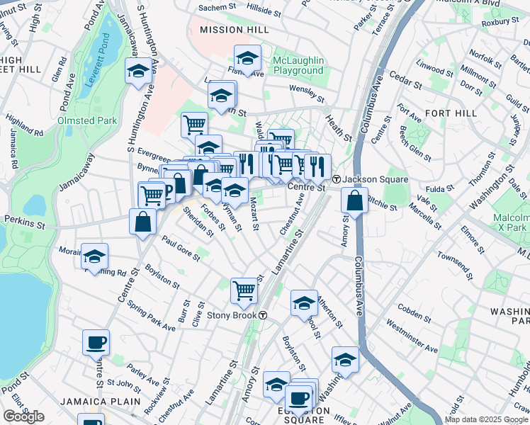map of restaurants, bars, coffee shops, grocery stores, and more near 54 Mozart Street in Boston