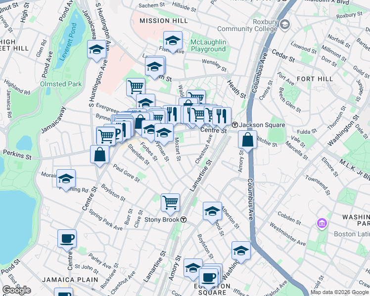 map of restaurants, bars, coffee shops, grocery stores, and more near 54 Mozart Street in Boston