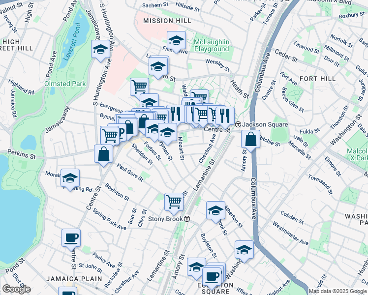 map of restaurants, bars, coffee shops, grocery stores, and more near 54 Mozart Street in Boston