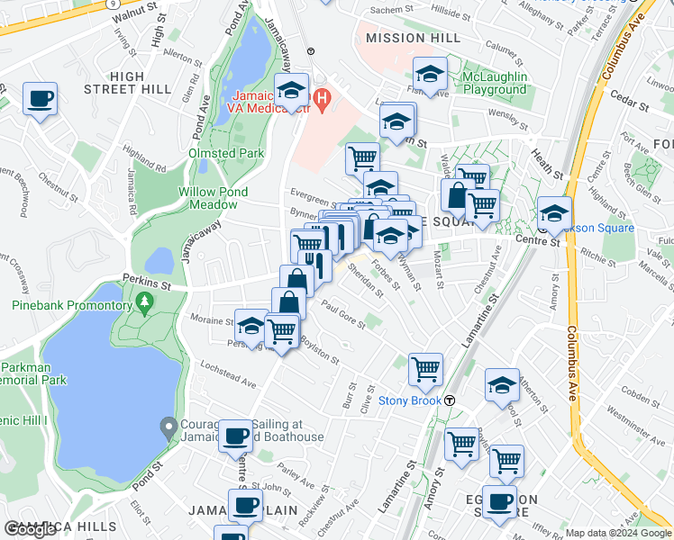 map of restaurants, bars, coffee shops, grocery stores, and more near 20 Cranston Street in Boston