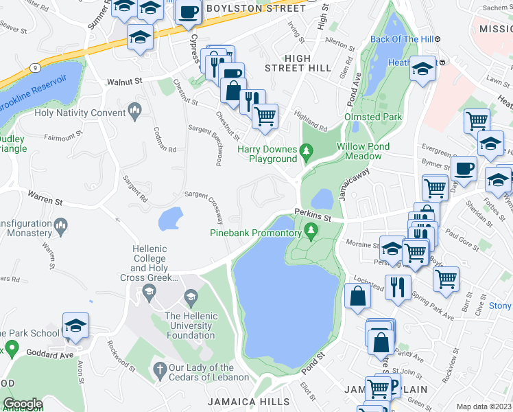 map of restaurants, bars, coffee shops, grocery stores, and more near 241 Perkins Street in Boston