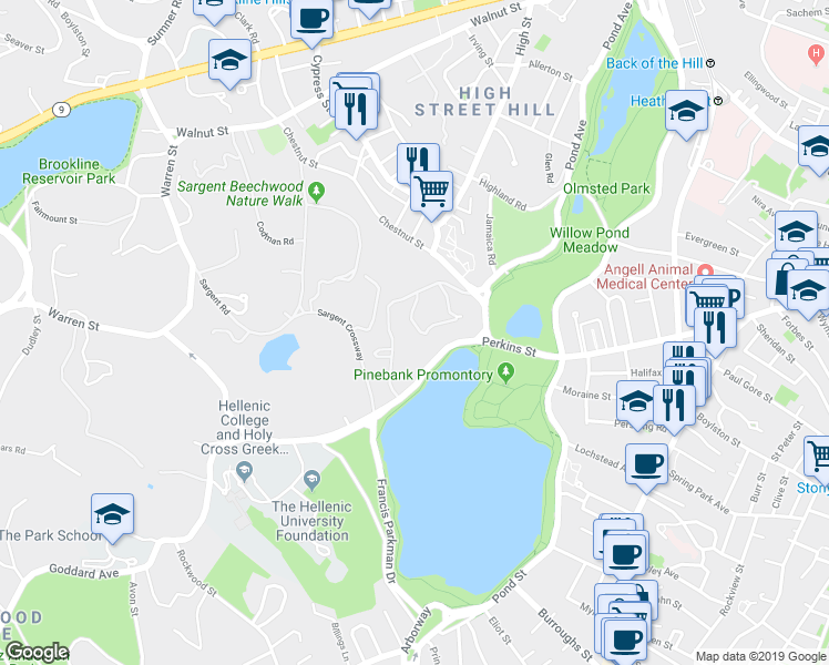 map of restaurants, bars, coffee shops, grocery stores, and more near 241 Perkins Street in Boston