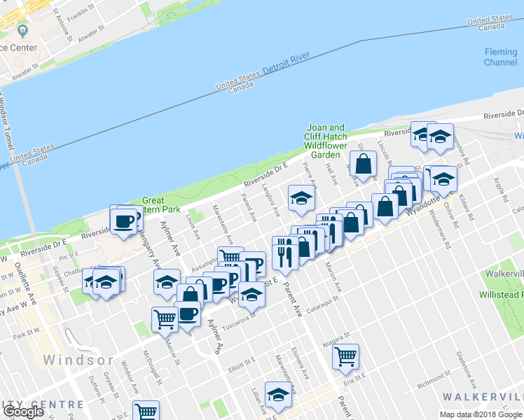 map of restaurants, bars, coffee shops, grocery stores, and more near in Windsor