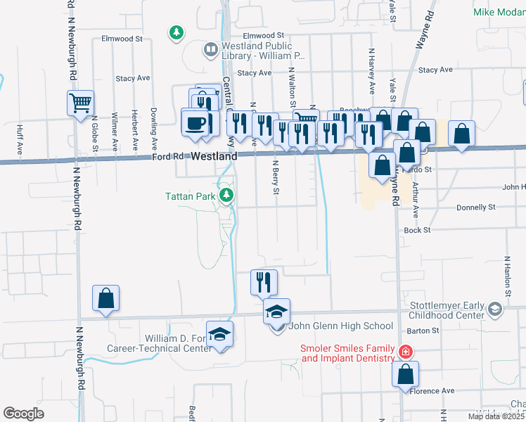 map of restaurants, bars, coffee shops, grocery stores, and more near 1778 North Crown Street in Westland