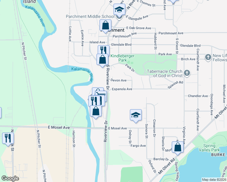 map of restaurants, bars, coffee shops, grocery stores, and more near 114 Espanola Avenue in Parchment