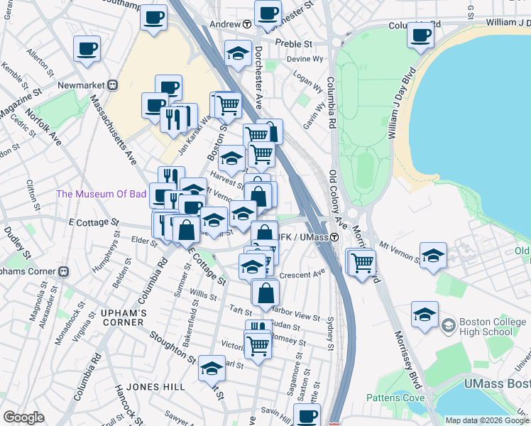 map of restaurants, bars, coffee shops, grocery stores, and more near 44 Mt Vernon St in Boston