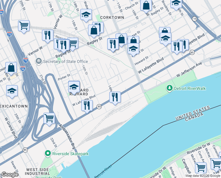 map of restaurants, bars, coffee shops, grocery stores, and more near 14th St & W Lafayette Blvd in Detroit