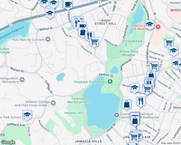 map of restaurants, bars, coffee shops, grocery stores, and more near 215 Perkins Street in Boston