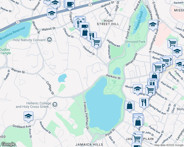 map of restaurants, bars, coffee shops, grocery stores, and more near 241 Perkins Street in Boston