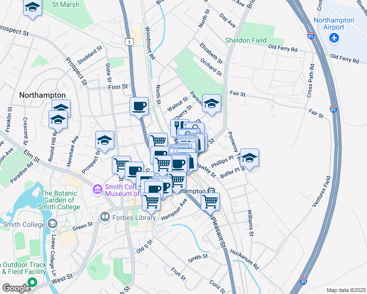 map of restaurants, bars, coffee shops, grocery stores, and more near 8 Graves Avenue in Northampton