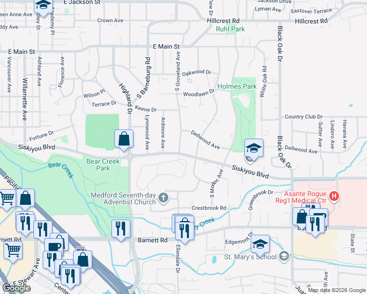 map of restaurants, bars, coffee shops, grocery stores, and more near 425 South Groveland Avenue in Medford