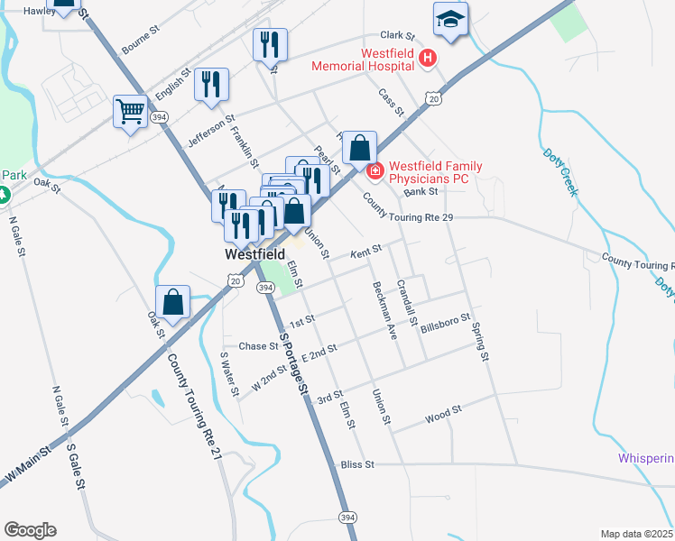 map of restaurants, bars, coffee shops, grocery stores, and more near 31 Union Street in Westfield