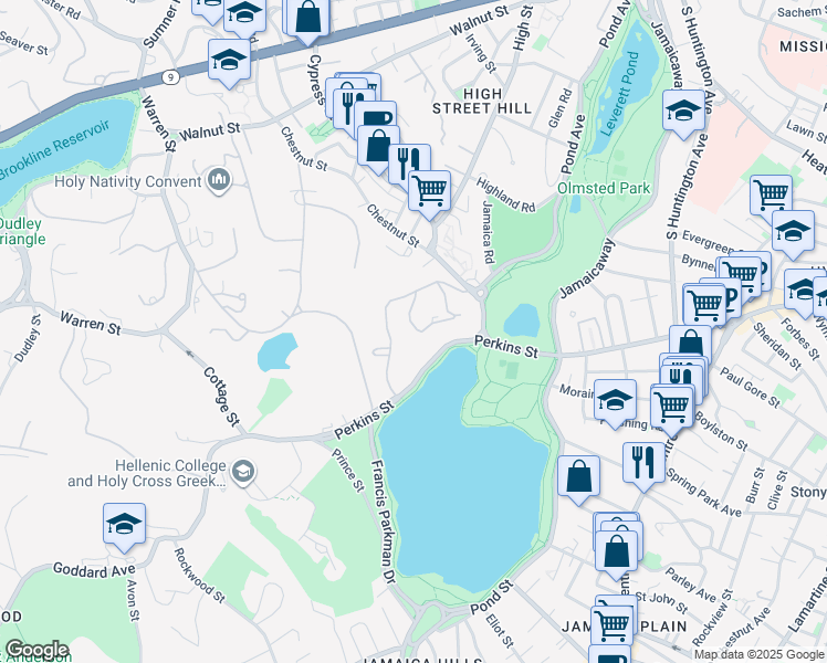 map of restaurants, bars, coffee shops, grocery stores, and more near 241 Perkins Street in Boston