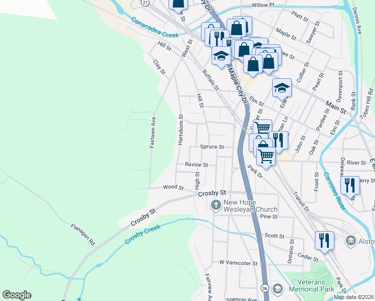 map of restaurants, bars, coffee shops, grocery stores, and more near 215 Seymour Street in Hornell