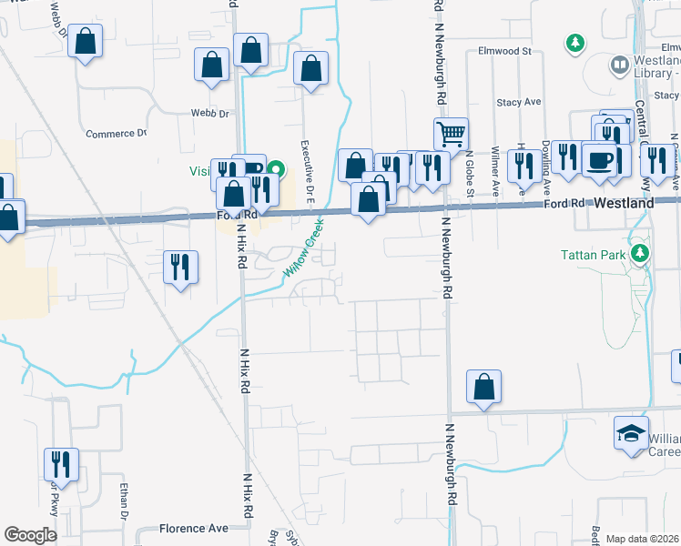 map of restaurants, bars, coffee shops, grocery stores, and more near 38036 Sherwood Street in Westland