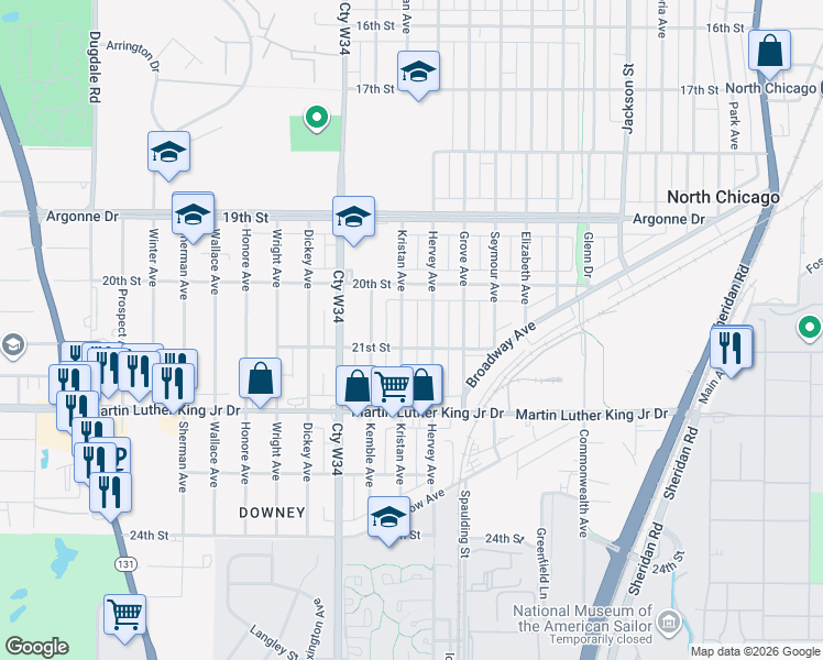 map of restaurants, bars, coffee shops, grocery stores, and more near 2101 Kristan Avenue in North Chicago
