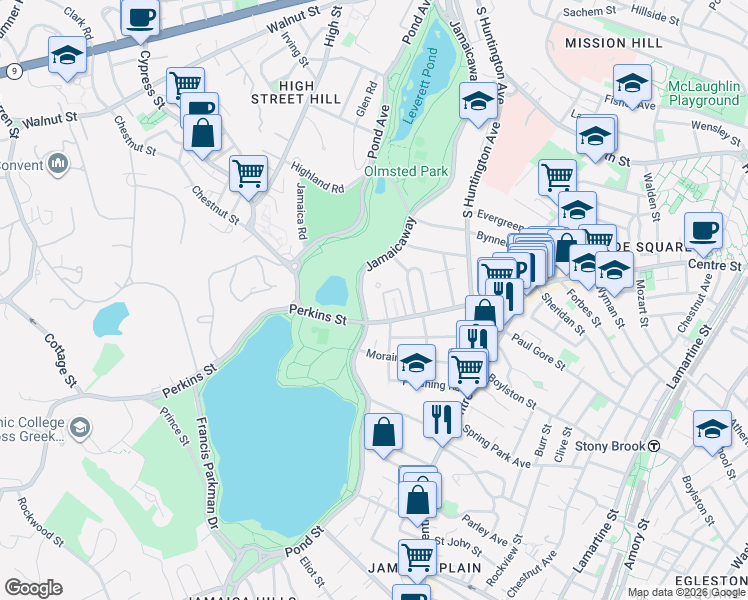 map of restaurants, bars, coffee shops, grocery stores, and more near 189 Perkins Street in Boston