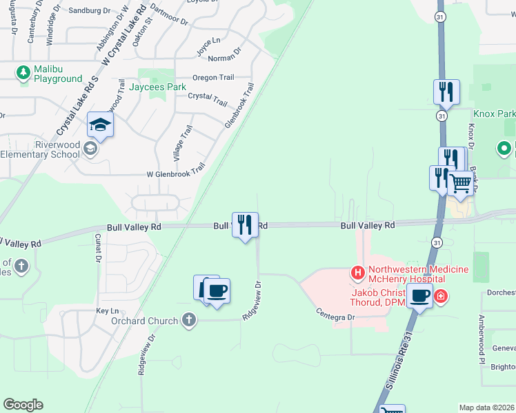 map of restaurants, bars, coffee shops, grocery stores, and more near 591 Ridgeview Drive in McHenry