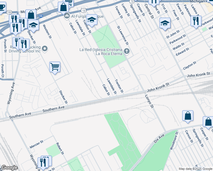 map of restaurants, bars, coffee shops, grocery stores, and more near 3973 Lawndale Street in Detroit