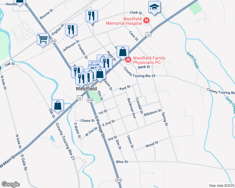 map of restaurants, bars, coffee shops, grocery stores, and more near 31 Union Street in Westfield