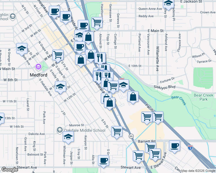 map of restaurants, bars, coffee shops, grocery stores, and more near 521 South Riverside Avenue in Medford