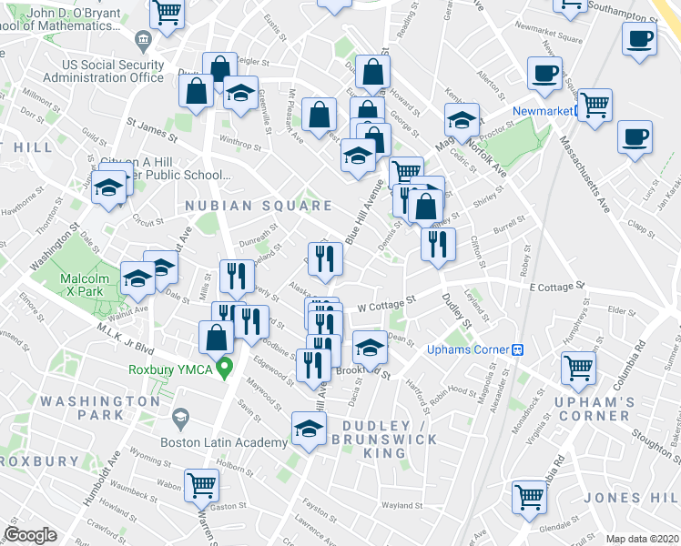 map of restaurants, bars, coffee shops, grocery stores, and more near 96-98 Blue Hill Avenue in Boston