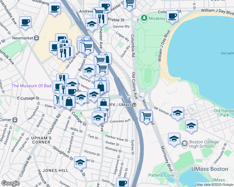 map of restaurants, bars, coffee shops, grocery stores, and more near 88 Mount Vernon Street in Boston