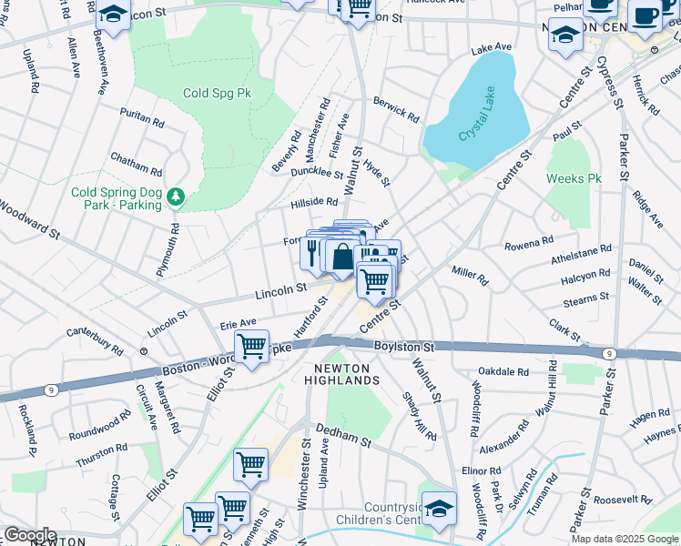map of restaurants, bars, coffee shops, grocery stores, and more near 27 Lincoln Street in Newton