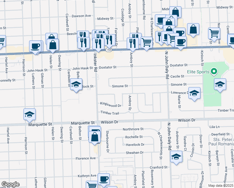 map of restaurants, bars, coffee shops, grocery stores, and more near 27117 Simone Street in Dearborn Heights