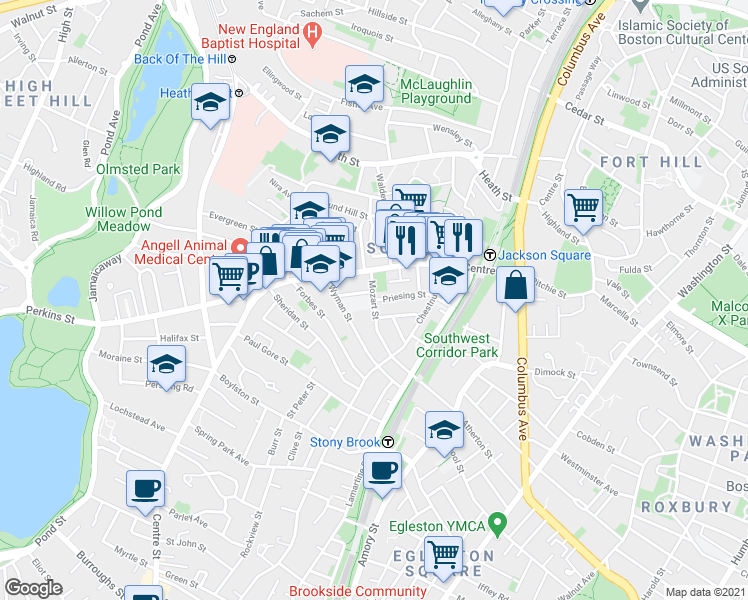 map of restaurants, bars, coffee shops, grocery stores, and more near Mozart St & Priesing St in Boston