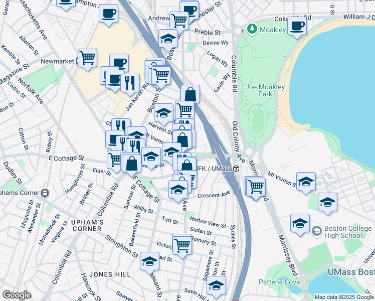 map of restaurants, bars, coffee shops, grocery stores, and more near 834 Dorchester Avenue in Boston