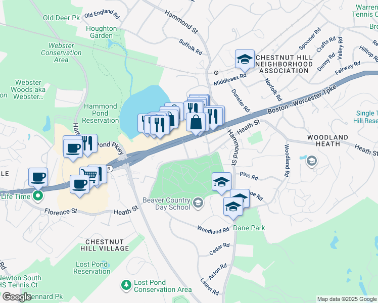 map of restaurants, bars, coffee shops, grocery stores, and more near 615 Heath Street in Brookline