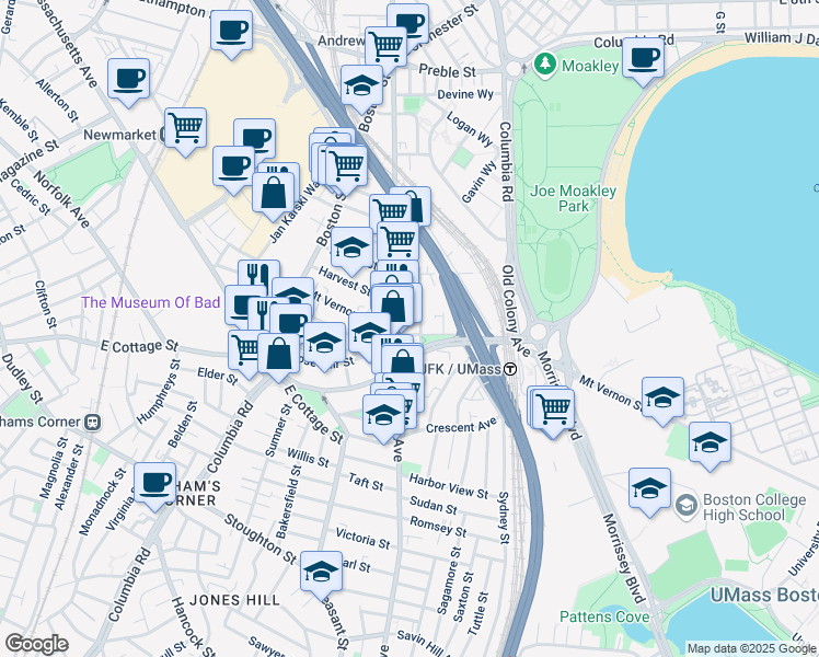 map of restaurants, bars, coffee shops, grocery stores, and more near 834 Dorchester Avenue in Boston