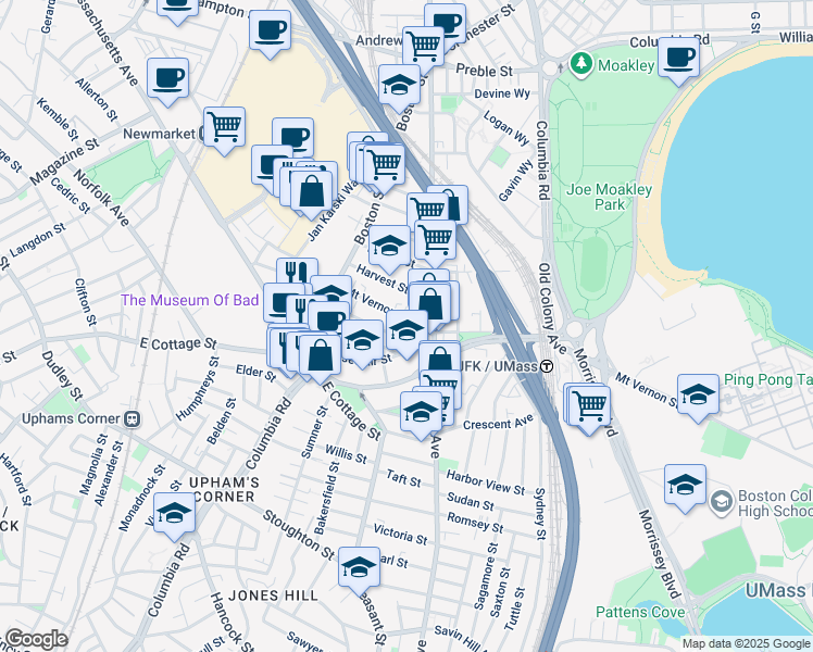 map of restaurants, bars, coffee shops, grocery stores, and more near 20 Mount Vernon Street in Boston