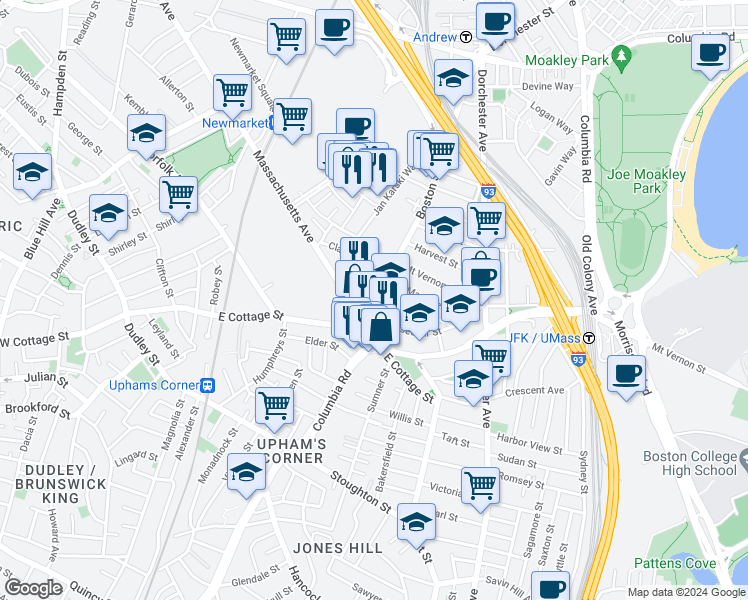 map of restaurants, bars, coffee shops, grocery stores, and more near 4 Saint Margaret Street in Boston