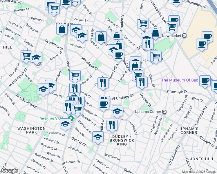 map of restaurants, bars, coffee shops, grocery stores, and more near 85 Blue Hill Avenue in Boston