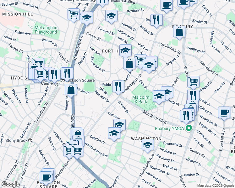map of restaurants, bars, coffee shops, grocery stores, and more near 151 Thornton Street in Boston
