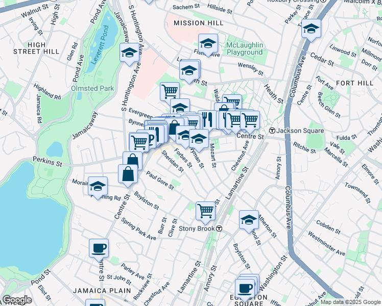 map of restaurants, bars, coffee shops, grocery stores, and more near 334 Centre Street in Boston