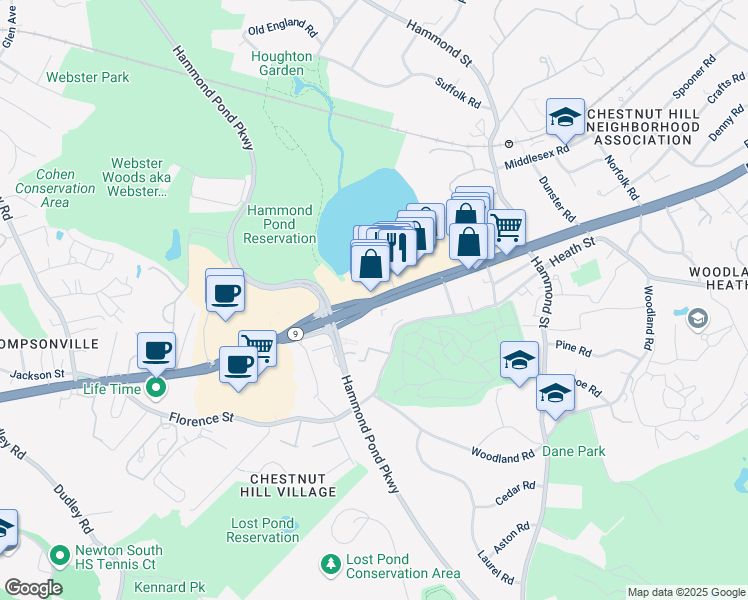 map of restaurants, bars, coffee shops, grocery stores, and more near 55 Boylston Street in Newton