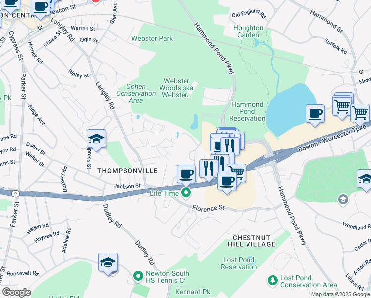 map of restaurants, bars, coffee shops, grocery stores, and more near 250 Hammond Pond Pkwy in Brookline