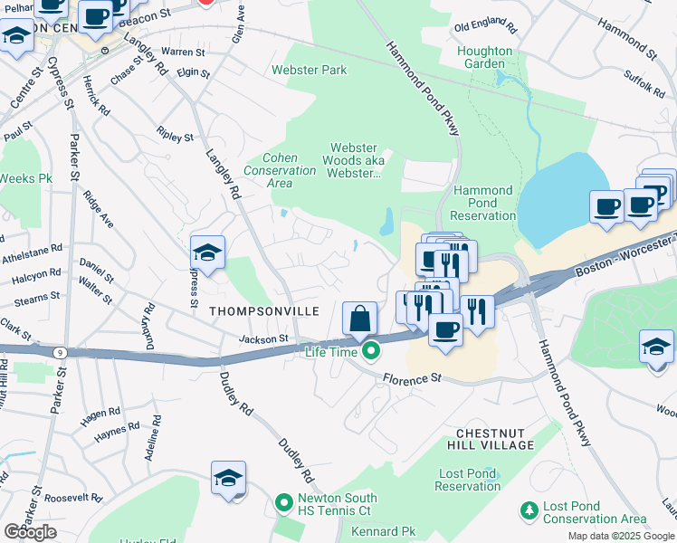 map of restaurants, bars, coffee shops, grocery stores, and more near 79 Beecher Place in Newton