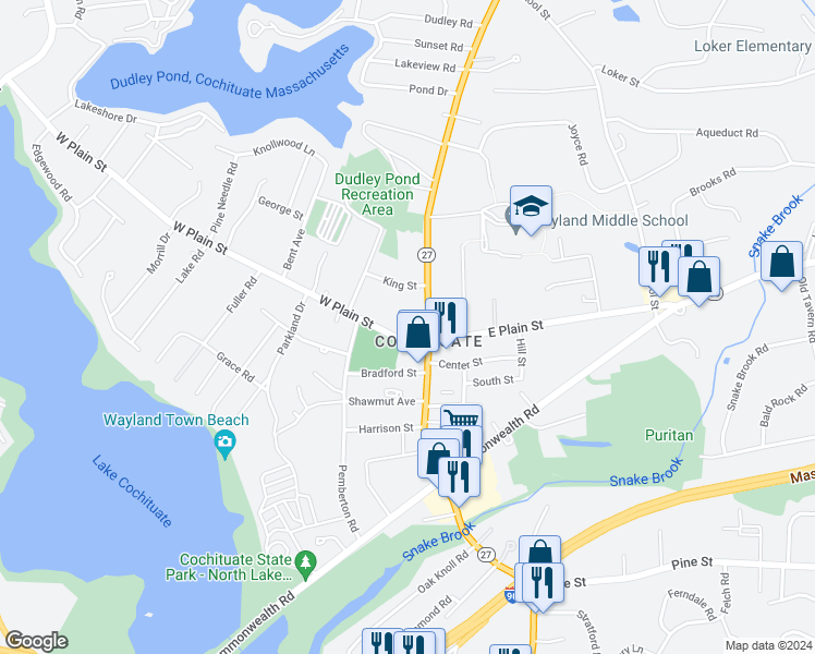 map of restaurants, bars, coffee shops, grocery stores, and more near 166 Main Street in Wayland