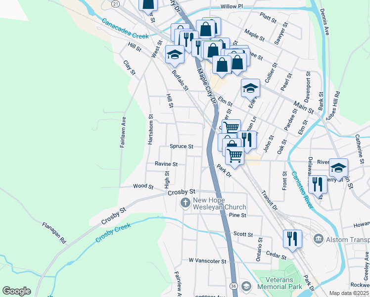 map of restaurants, bars, coffee shops, grocery stores, and more near 134 Hill Street in Hornell
