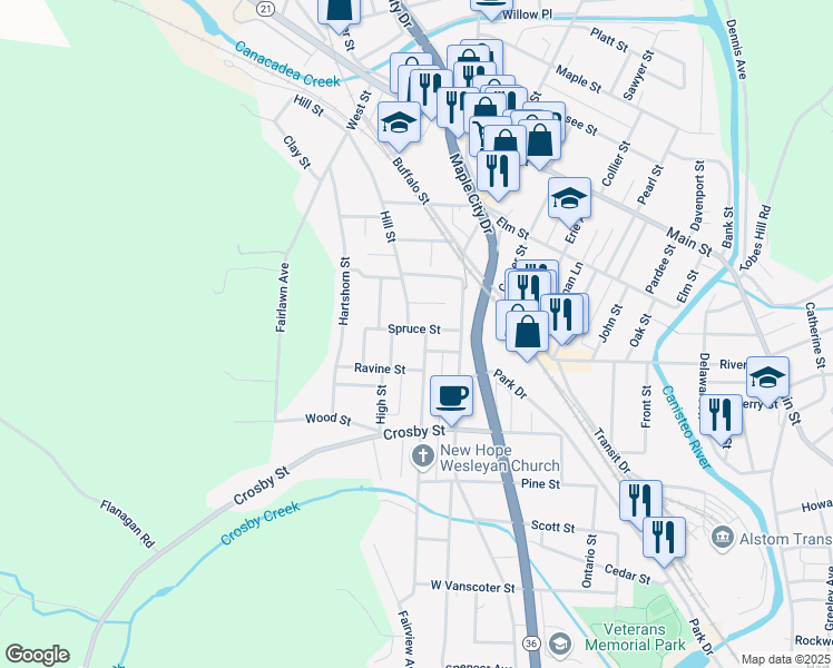 map of restaurants, bars, coffee shops, grocery stores, and more near 134 Hill Street in Hornell