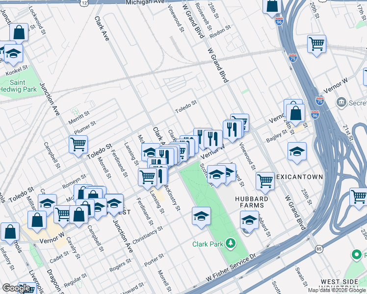 map of restaurants, bars, coffee shops, grocery stores, and more near 2027 Scotten Avenue in Detroit