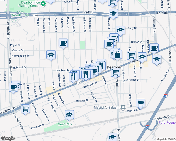 map of restaurants, bars, coffee shops, grocery stores, and more near 4720 Williamson Street in Dearborn