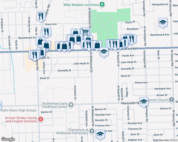 map of restaurants, bars, coffee shops, grocery stores, and more near 34521 John Hauk Street in Westland